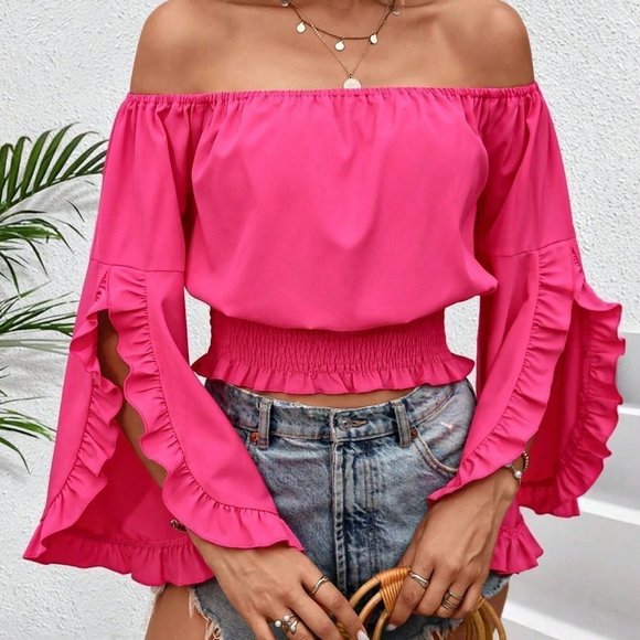 Pink Boho Mixed Floral Drop Shoulder Bubble Sleeve Blouse